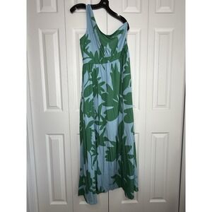 Tropical Maxi Dress Leaf Floral One Shoulder Asymmetric Neckline Flowy Sz L